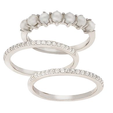 PearLustre by Imperial Freshwater Cultured Pearl & White Topaz Stackable Ring Set
