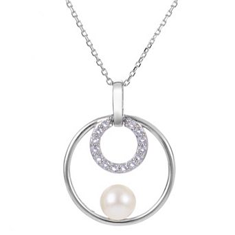 PearLustre by Imperial Sterling Silver Freshwater Cultured Pearl & White Topaz Halo Pendant Necklace