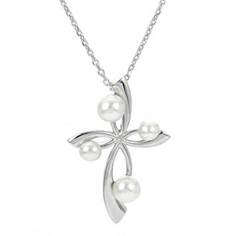 PearLustre by Imperial Sterling Silver Freshwater Cultured Pearl Cross Pendant Necklace