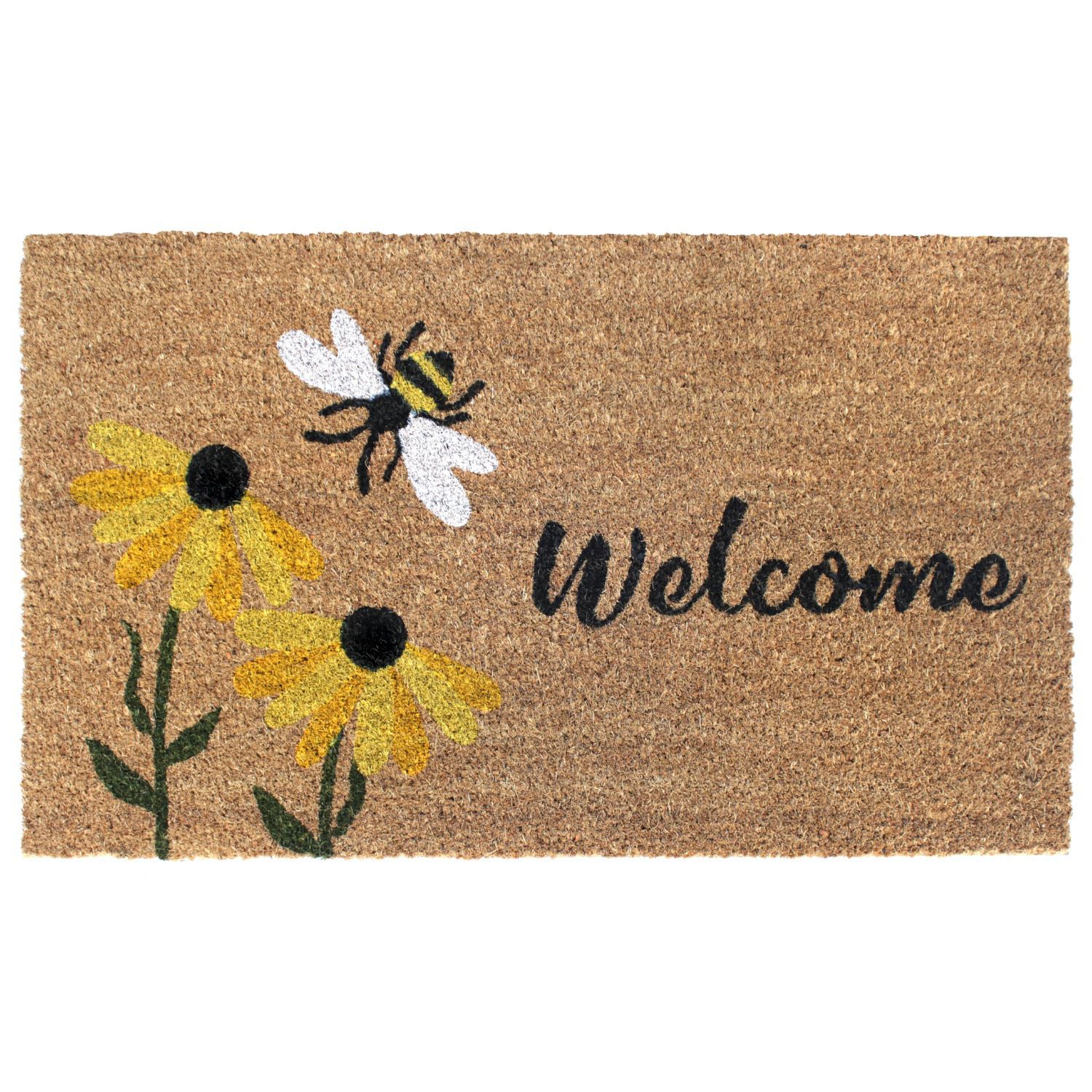 Floral Spring Coir Door Mat for Front Porch, Lavender Flower Outdoor Welcome Mat (30 x 17 inches)