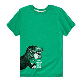 Boys 8-20 "My Pet Dinosaur Ate My Homework" T-Rex Side Graphic Tee