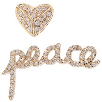 LUXLE 14k Gold 1/4 Carat T.W. Diamond Heart & "Peace" Mismatch Stud Earrings