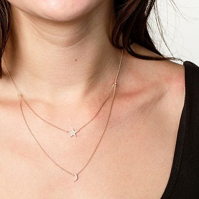Luxle 14k Gold 1/8 Carat T.W. Diamond Double Strand Star & Moon Necklace
