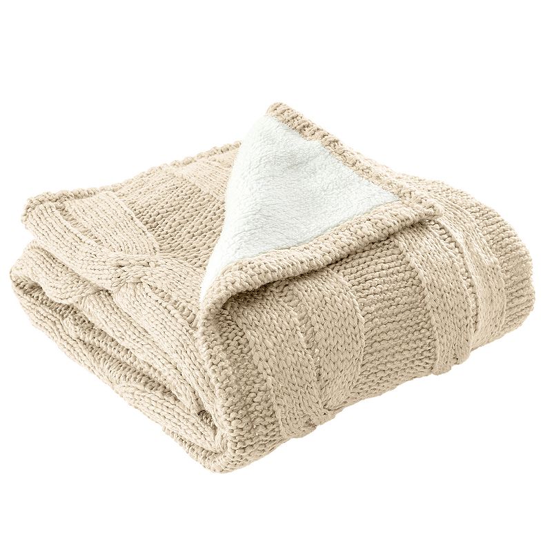 Modern Threads Cable Knit to Sherpa Throw Blanket, Beig/Green