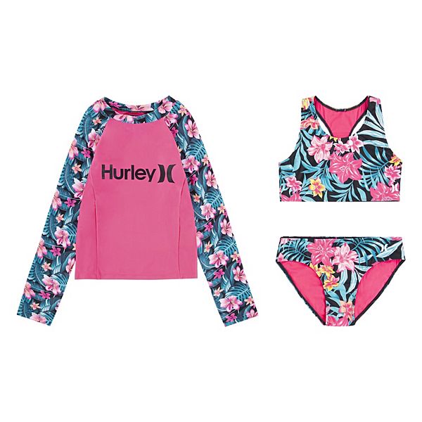 sla Madison vlinder Girls 7-16 Hurley Racerback Bikini, Rashguard Top & Bottoms Swimsuit Set