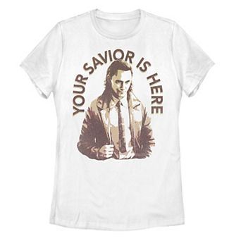 Juniors' Marvel Loki Your Savior Is Here Stamp Tee