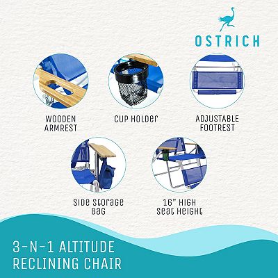 Ostrich Altitude 3n1 High Back Outdoor Beach Lounge Chair With Footrest Blue