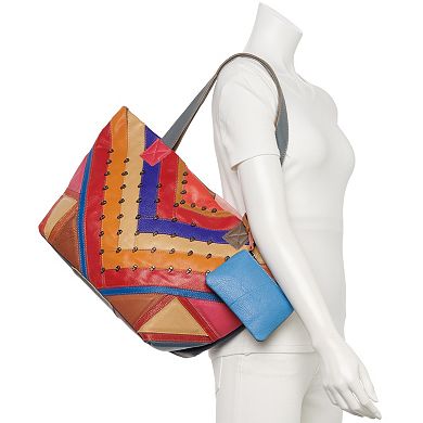 AmeriLeather Simonda Leather Rainbow Tote Bag and Coin Pouch Set