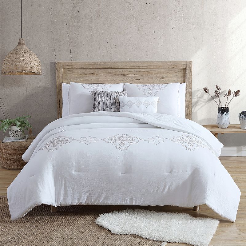 Marie Claire Elia Comforter Set with Shams and Decorative Pillows, White, Q