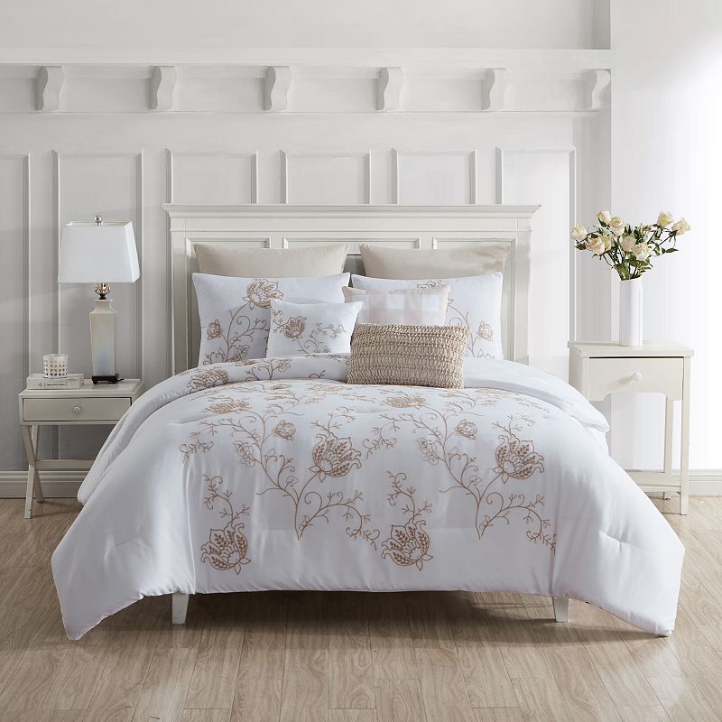 Marie Claire Willow Comforter Set with Shams and Decorative Pillows, Beig/G