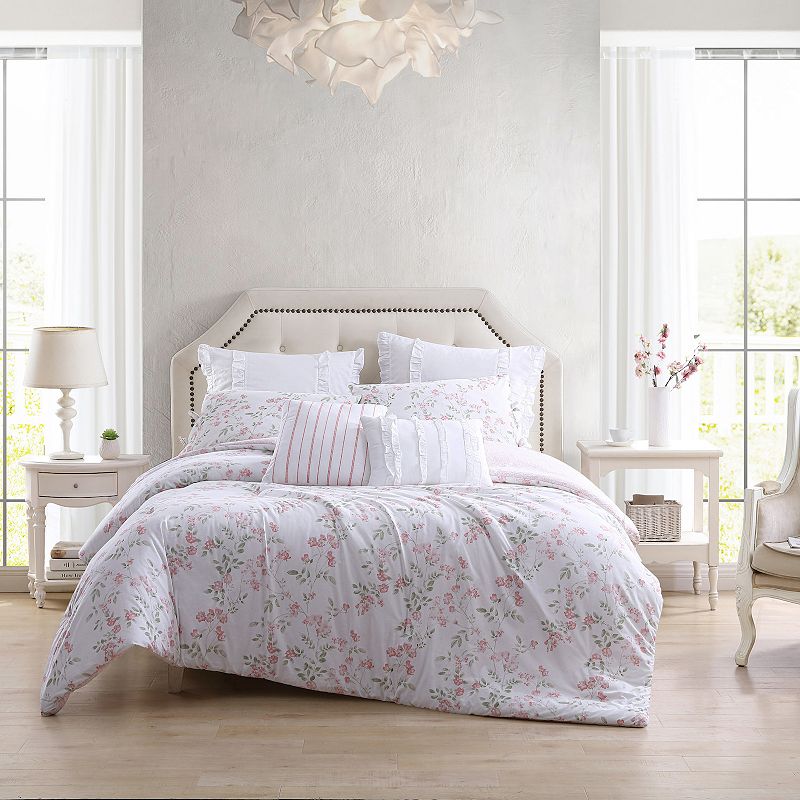 Laura Ashley Fawna Comforter Set with Shams and Decorative Pillows, Pink, T