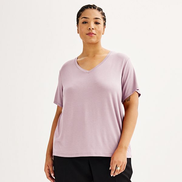 Plus Size Nine West Essential Soft Spun Short Sleeve V-Neck Tee - Washed Grape (0X)