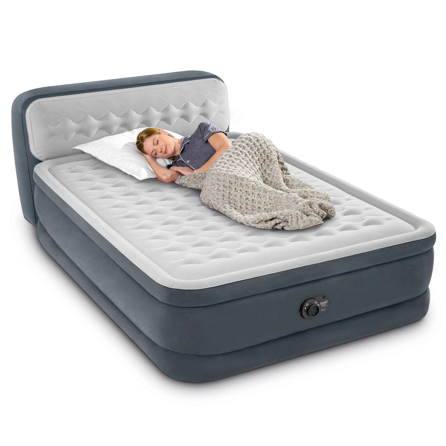 thumbnail image 2 of Intex Queen Pillow Top Air Mattress With Electric Pump & Headboard – 18 2 of 4