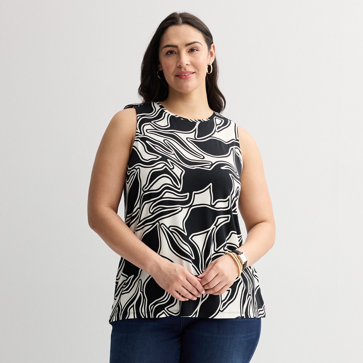 Plus Size Nine West Essential Easy High-Neck Tank - White Outline Abstract (1X)