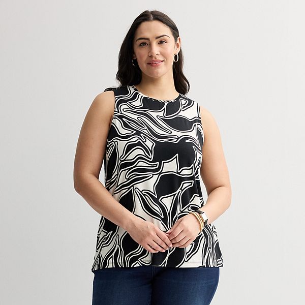 Plus Size Nine West Essential Easy High-Neck Tank - White Outline Abstract (1X)