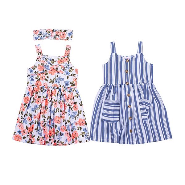 Baby Girl Little Lass Floral & Striped Dresses & Headband Set
