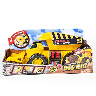 Maxx Action 2-N-1 Dig Rig – Dump Truck and Front End Loader with Lights, Sounds and Motorized Drive