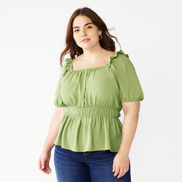 Plus Size Nine West Short Sleeve Squareneck Peplum Blouse