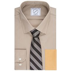 Stafford Men's Boy Travel Easy-Care Golden Brown Long Sleeve Dress Shirt  Tie Set