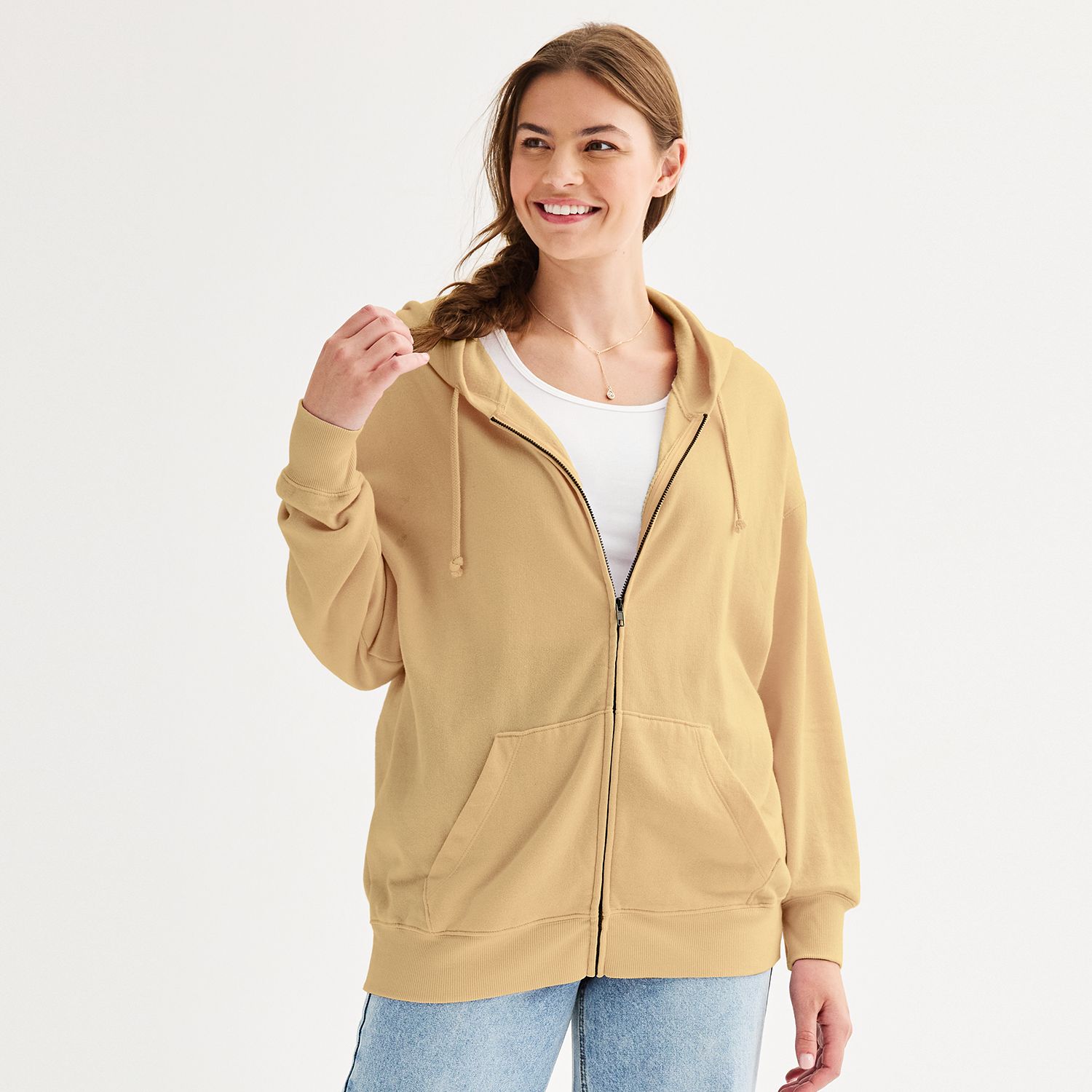 Juniors' SO® Oversized Zip-Up Hoodie - Cedar Elm (X SMALL)