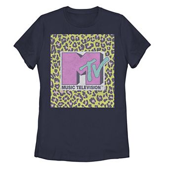 Juniors' MTV Music Television Neon Cheetah Block Logo Tee