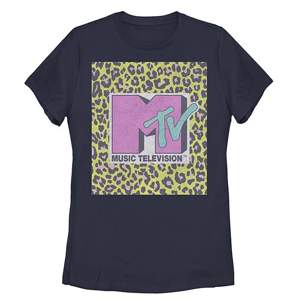 Juniors MTV Music Television Neon Cheetah Block Logo Tee