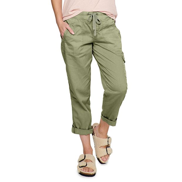 Basic Edition Capri Cargo Pants Womens Large Snap Pocket, Olive