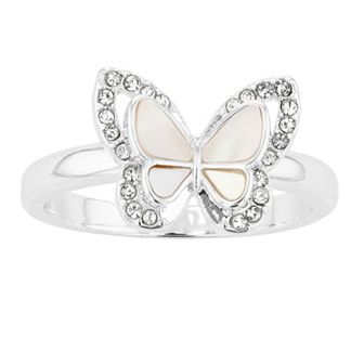 City Luxe Silver Tone Mother-of-Pearl & Crystal Butterfly Ring