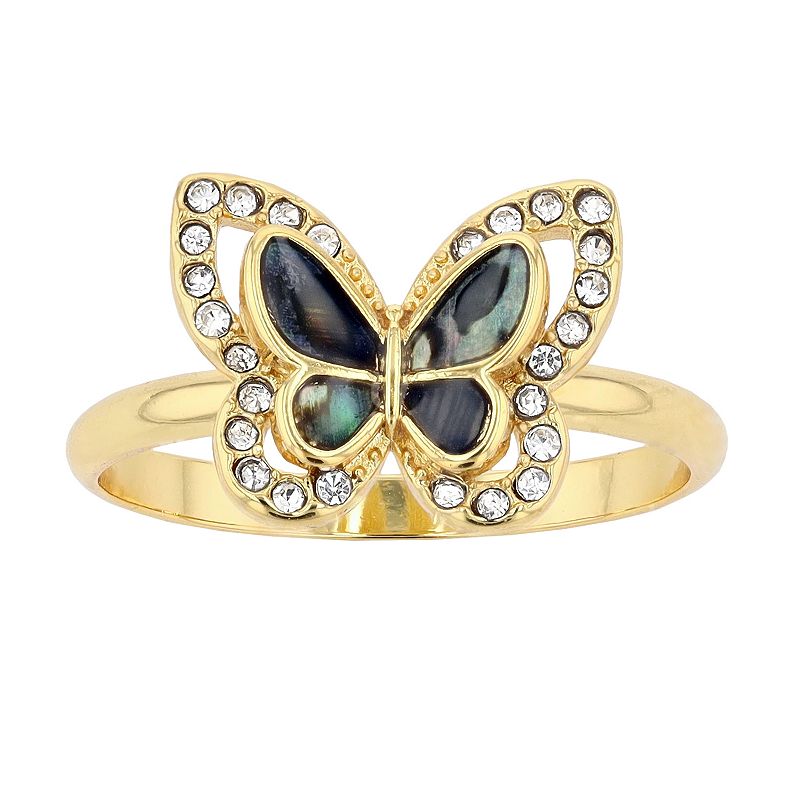 City Luxe 14k Gold-Plated Abalone & Crystal Butterfly Ring, Womens, Size: 