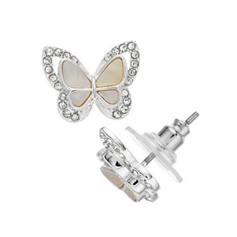 City Luxe Fine Silver Plated Mother-of-Pearl & Crystal Butterfly Stud Earrings