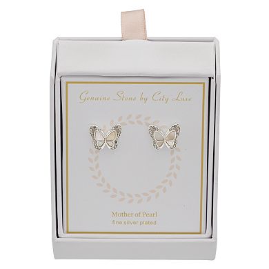 City Luxe Fine Silver Plated Mother-of-Pearl & Crystal Butterfly Stud Earrings