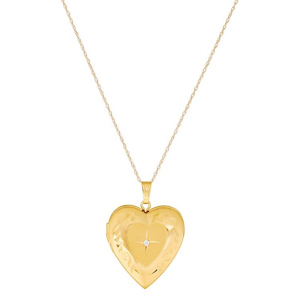 Small 14K Yellow Gold Heart Locket with Genuine Diamond Accent Charm Pendant 