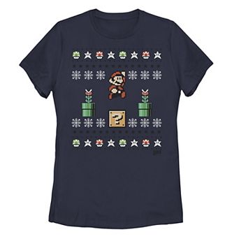Juniors' Super Mario Christmas 8-Bit Ugly Christmas Sweater Style Tee