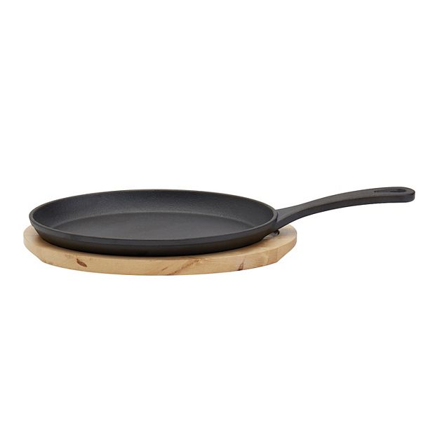 2pc+Cast+Iron+Fajita+Skillet+Set+With+Wood+Base+Cooking+Kitchen+Accessories  for sale online