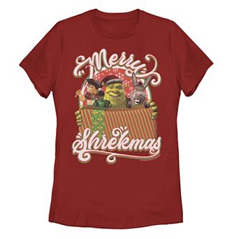 Juniors' Shrek Group Shot Merry Shrekmas Present Poster Tee