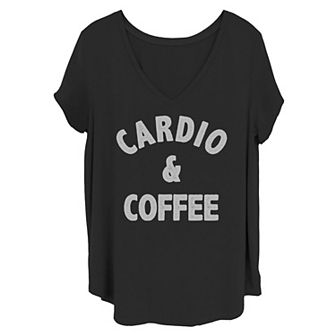 Juniors' Cardio And Coffee Running Fitness Black Text Tee