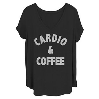 Juniors' Cardio And Coffee Running Fitness Black Text Tee
