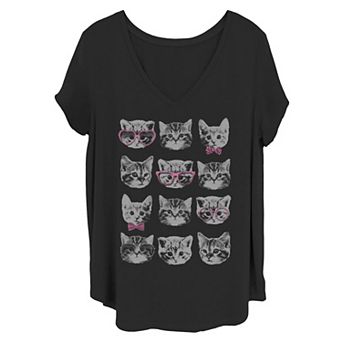 Juniors' Kitty Faces Grid Sunglasses Bows Tonal Tee