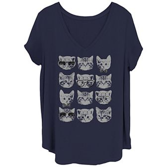Juniors' Kitty Faces Grid Sunglasses Bows Tonal Tee