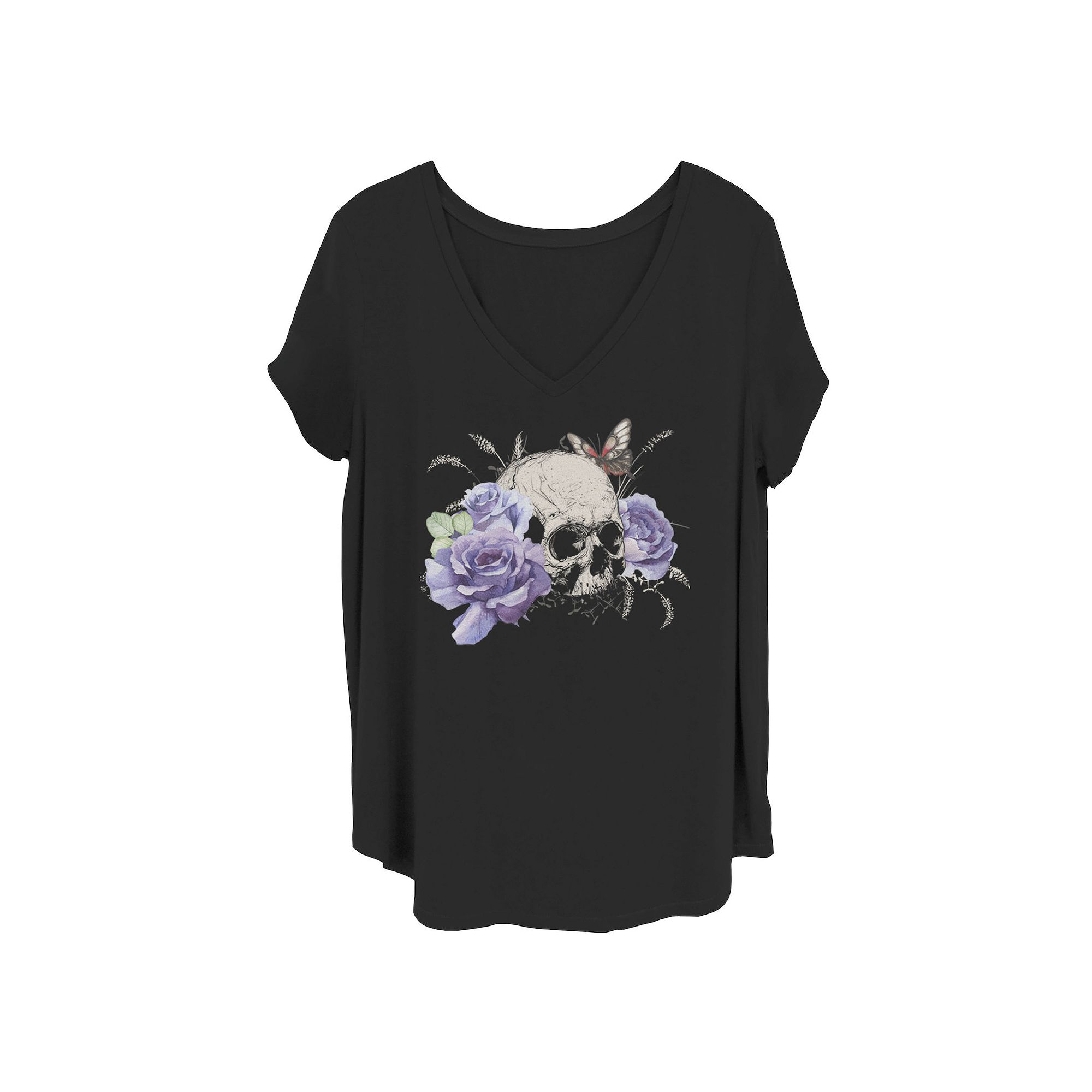 Juniors Floral Apparel Skull And Butterfly Tee, Girls, Size: 4XL, Black