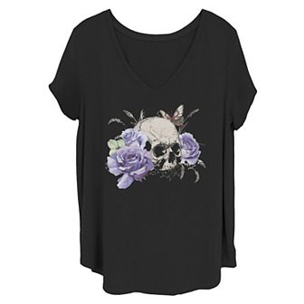 Juniors' Floral Apparel Skull And Butterfly Tee