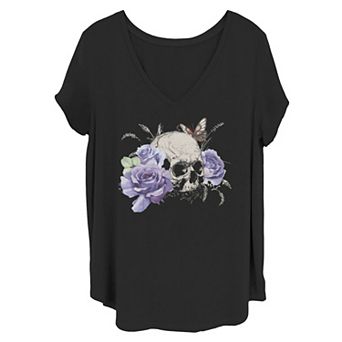 Juniors' Floral Apparel Skull And Butterfly Tee