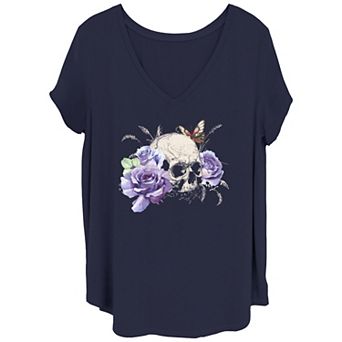 Juniors' Floral Apparel Skull And Butterfly Tee