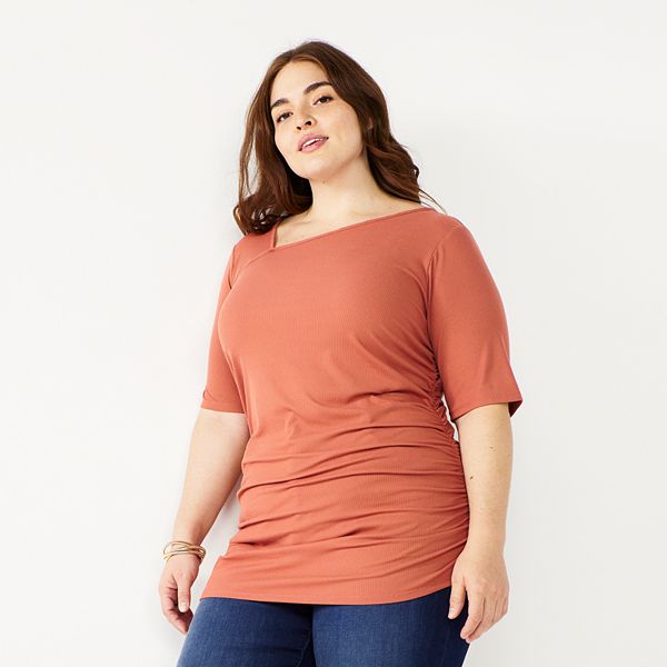 Plus Size Nine West Elbow Sleeve Rib Ruched Top