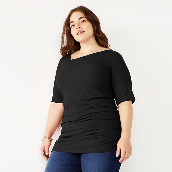 Plus Size Nine West Elbow Sleeve Rib Ruched Top