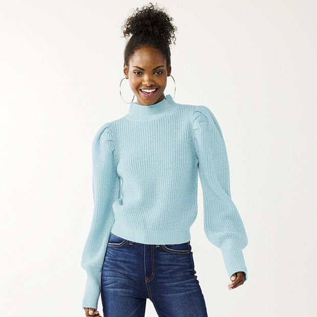 Juniors' SO® Mock Turtleneck Puff Sleeve Sweater