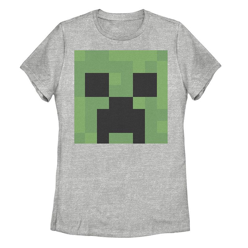Juniors' Minecraft Creeper Big Face Portrait Tee, Girl's, Size: Small, Athletic Grey
