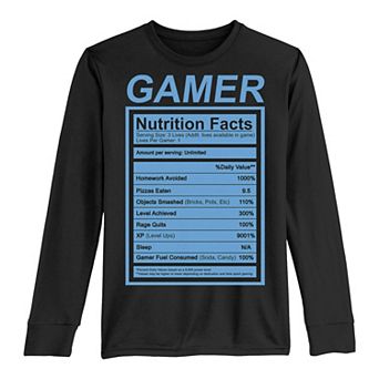 Boys 8-20 Gamer Nutrition Facts Blue Label Funny Long Sleeve Tee