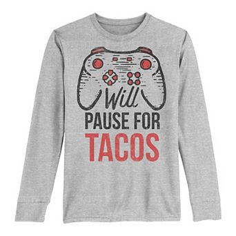 Boys 8-20 Will Pause For Tacos Game Controller Long Sleeve Tee