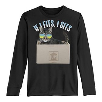 Boys 8-20 If I Fits I Sits Cat In A Box Long Sleeve Tee
